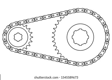 Chain drive. Sprocket and roller chains. Vector thin line