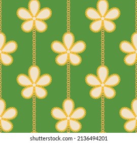 Chain Floral Lines Seamless Abstract Pattern Trendy Fashion Colors Minimalist Luxury Look Design Bright Green Ecru Tones