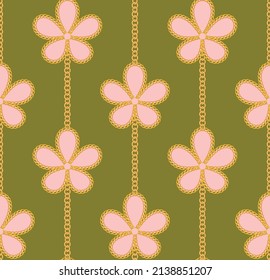 Chain Floral Lines Seamless Abstract Pattern Trendy Fashion Colors Minimalist Luxury Look Design Olive Green Pastel Pink Tones