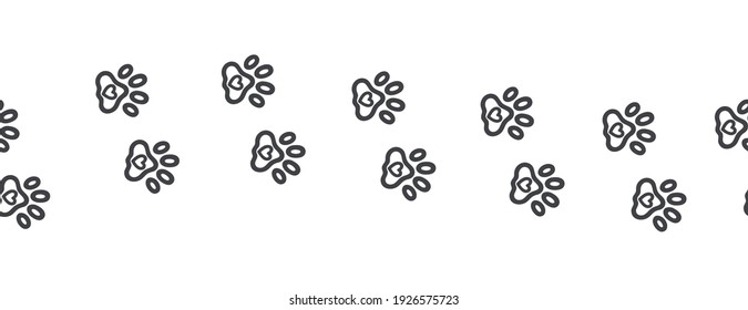 Chain of footprints of cats or dogs. Seamless border track paws with hearts. Line vector illustration in doodle style.  