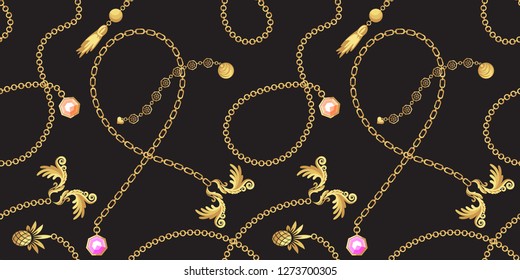 Chain gold baroque pendants necklace pattern fashion vector design. Gold jewelry accessories seamless vector print for scarf print and dress.