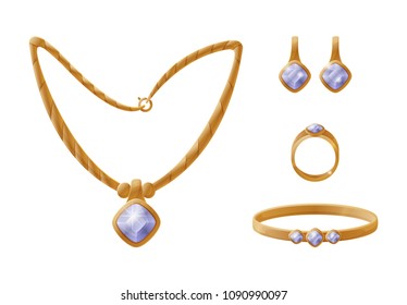 Chain of gold and ring set, earrings and bracelet with precious stones accessories of same style, similar pieces vector illustration isolated on white