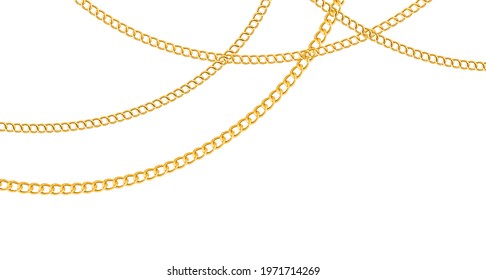 Chain golden. Luxury chains different shapes seamless background, realistic gold links jewelry backdrop, metal yellow element repeating pattern. Horizontal banner vector isolated illustration