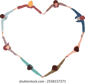 Chain of a group of isolated multicultural people seen from above holding hands and forming a heart shape. Cooperation teamwork.Community of friends or volunteers.Inclusion.Top View