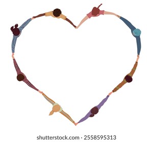 Chain of a group of isolated multicultural people seen from above holding hands and forming a heart shape. Cooperation teamwork.Community of friends or volunteers.Inclusion.Top View