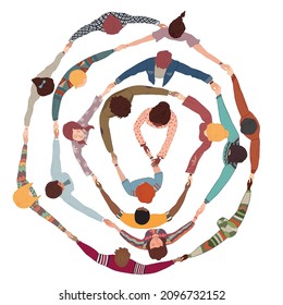 Chain of group of isolated people in a circle from divers cultures holding hands. Cooperation and teamwork.Community of friends or volunteers. Partnership. Top view. Multiethnic people