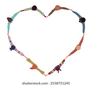 Chain of a group of multicultural isolated people seen from above holding hands and forming a heart shape.Community of volunteers or friends. Inclusion.Cooperation teamwork.Top View