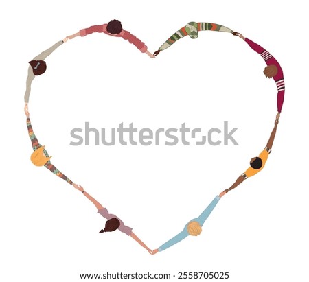 Chain of a group of multicultural isolated people seen from above holding hands and forming a heart shape.Community of friends or volunteers.Inclusion.Cooperation teamwork.Top View