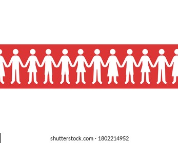 Chain Group Of People Hold Hands On Red-white Flag Of Revolution Belarus. Symbol Of Peaceful Protest Against Dictatorship Of President. Men And Women In White. Vector Flat Illustration Banner Poster.