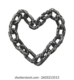 Chain heart with retro photocopy effect. Black monochrome border with messy grainy stippling texture. Vector illustration.