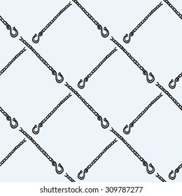 Chain with a hook - wood and tools. Hand-drawn seamless cartoon pattern with logging device.  Doodle drawing. Vector illustration. 