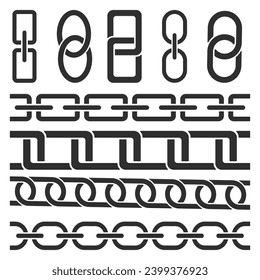 Kettensymbol, Metal-Link-Muster verschiedener Formen werden wiederholt, einfache Silhouetten von grafischen Mustern. Vektorgrafik von Isolaten.