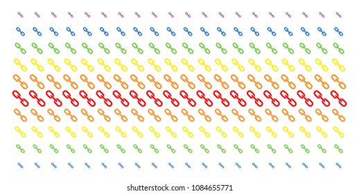 Chain icon rainbow colored halftone pattern. Vector objects arranged into halftone matrix with vertical spectral gradient. Designed for backgrounds, covers, templates and abstraction effects.