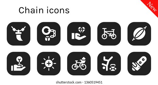 chain icon set. 10 filled chain icons.  Simple modern icons about  - Necklace, Handcuffs, Jewelry, Bicycle, Punching bag, Freedom, Balance, Hip hop, Chainsaw