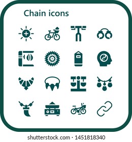 chain icon set. 16 filled chain icons.  Collection Of - Balance, Bicycle, Handlebar, Handcuffs, Punching bag, Jewel, Necklace, Hyperlink