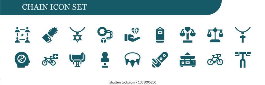 chain icon set. 18 filled chain icons.  Collection Of - Community, Chainsaw, Necklace, Handcuffs, Jewelry, Punching bag, Balance, Bicycle, Saddle, Handlebar