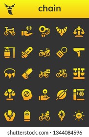 chain icon set. 26 filled chain icons.  Collection Of - Bicycle, Necklace, Jewelry, Handcuffs, Jewel, Balance, Punching bag, Chainsaw, Key chain, Saddle, Freedom