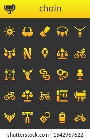 chain icon set. 26 filled chain icons.  Simple modern icons about  - Balance, Saddle, Bicycle, Chainsaw, Necklace, Jewelry, Key ring, Community, Chains, Handcuffs, Punching bag