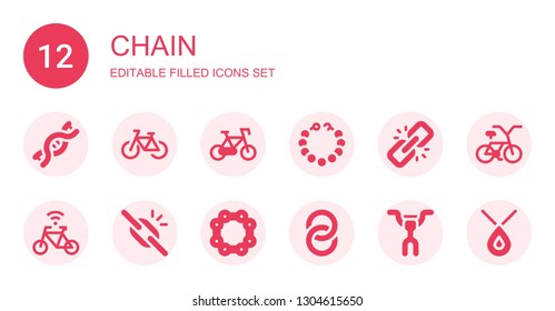 Chain Icon Set. Collection Of 12 Filled Chain Icons Included Dna, Bicycle, Pearl Necklace, Link, Broken Link, Chain, Handcuffs, Handlebar, Necklace