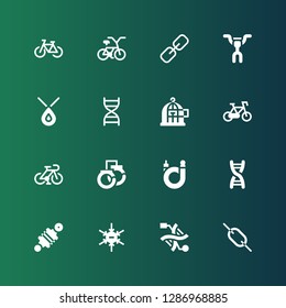 chain icon set. Collection of 16 filled chain icons included Link, Dna, Negative ion, Damper, Bicycle, Handcuffs, Freedom, Necklace, Handlebar