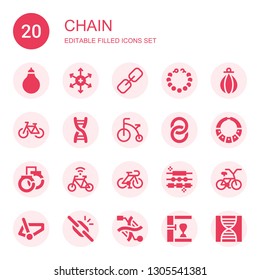 Chain Icon Set. Collection Of 20 Filled Chain Icons Included Punching Bag, Positive Ion, Link, Pearl Necklace, Bicycle, Dna, Handcuffs, Necklace, Jewelry, Broken Link