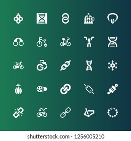 chain icon set. Collection of 25 filled chain icons included Pearl necklace, Bicycle, Link, Damper, Crankset, Punching bag, Positive ion, Dna, Handcuffs, Handlebar, Necklace, Freedom