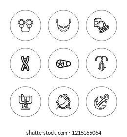 Chain icon set. collection of 9 outline chain icons with anchor, bicycle, crankset, dna, handcuffs, hyperlink, necklace icons. editable icons.