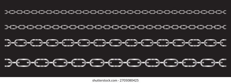 Vector de icono de cadena. Ilustración vectorial de diferentes diseños de cadenas, incluyendo Enlaces de cadena en blanco y negro llamativos y delgados, mostrados en patrones rectos y ondulados. Elementos de cadenas plateadas.