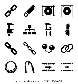 Chain icons. set of 16 editable filled chain icons such as saw, chainsaw, arrow, structure, gong, link