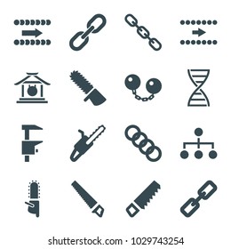 Chain icons. set of 16 editable filled chain icons such as saw, chainsaw, arrow, gong, dna