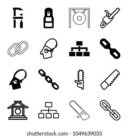 Chain icons. set of 16 editable filled and outline chain icons such as chainsaw, structure, link, office supply, home key tag, saw
