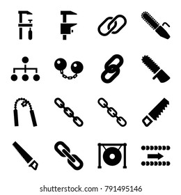 Chain icons. set of 16 editable filled chain icons such as saw, chainsaw, gong, link, arrow