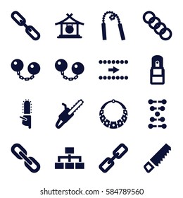 chain icons set. Set of 16 chain filled icons such as gong, saw, chainsaw, structure, office supply, necklace, arrow