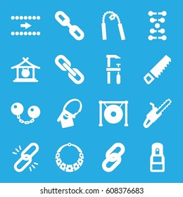 Chain icons set. set of 16 chain filled icons such as gong, saw, chainsaw, office supply, home key tag, necklace, arrow, dna
