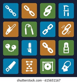 Chain icons set. set of 16 chain filled icons such as saw, chainsaw, gong, office supply, home key tag, dna
