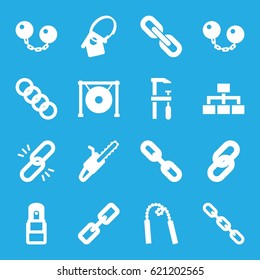 Chain icons set. set of 16 chain filled icons such as chainsaw, structure, gong, office supply, home key tag