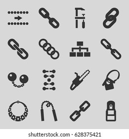 Chain icons set. set of 16 chain filled icons such as chainsaw, structure, office supply, home key tag, necklace, arrow, dna