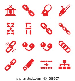 Chain icons set. set of 16 chain filled icons such as gong, saw, chainsaw, structure, home key tag, arrow, dna