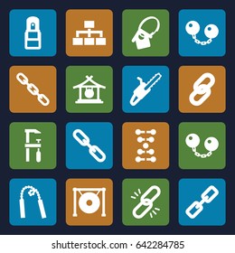 Chain icons set. set of 16 filled icons such as gong, chainsaw, structure, office supply, home key tag, dna