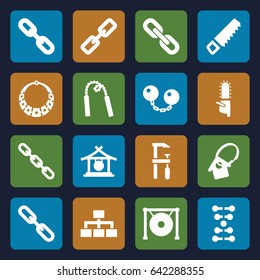 Chain icons set. set of 16 chain filled icons such as gong, saw, chainsaw, structure, home key tag, necklace, dna