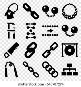 Chain icons set. set of 16 chain filled icons such as saw, chainsaw, structure, gong, home key tag, necklace, arrow, dna