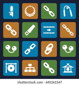 Chain icons set. set of 16 chain filled icons such as gong, saw, chainsaw, structure, necklace, arrow