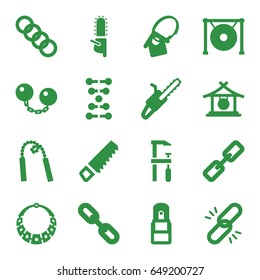 Chain icons set. set of 16 chain filled icons such as gong, saw, chainsaw, office supply, home key tag, necklace, dna