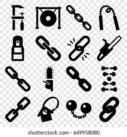 Chain icons set. set of 16 chain filled icons such as chainsaw, gong, office supply, home key tag, dna