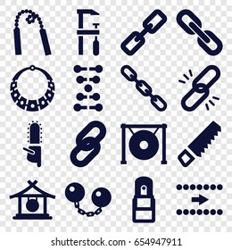 Chain icons set. set of 16 chain filled icons such as gong, saw, chainsaw, office supply, necklace, arrow, dna