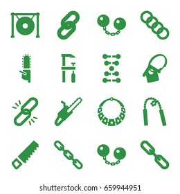 Chain icons set. set of 16 chain filled icons such as saw, chainsaw, gong, home key tag, necklace, dna