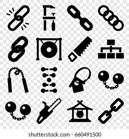 Chain icons set. set of 16 chain filled icons such as gong, saw, chainsaw, structure, home key tag, dna