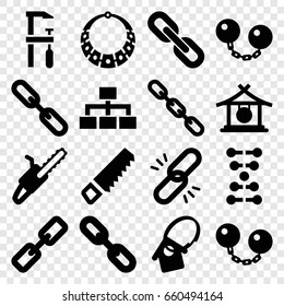 Chain icons set. set of 16 chain filled icons such as gong, saw, chainsaw, structure, home key tag, necklace, dna