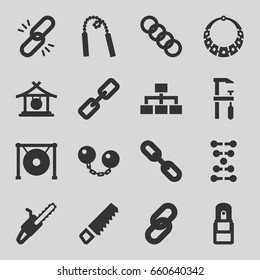 Chain icons set. set of 16 chain filled icons such as gong, saw, chainsaw, structure, office supply, necklace, dna
