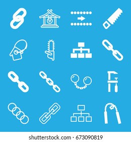 Chain icons set. set of 16 chain filled and outline icons such as saw, chainsaw, structure, arrow, gong, home key tag
